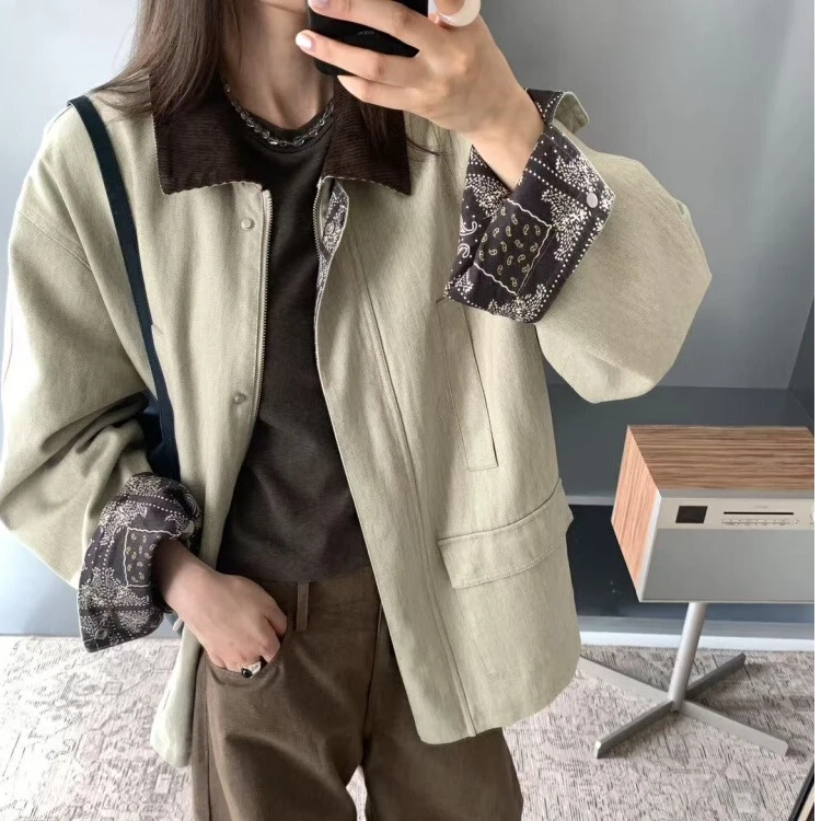老钱风撞色拼接翻领风衣外套女秋2025新款复古休闲气质中长款夹克