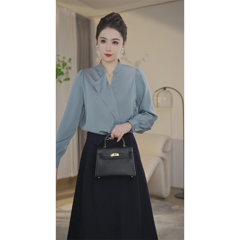 【曼曼甄选】流光风8593152湖蓝色曼贝衬衫女士高级显瘦气质衬衣