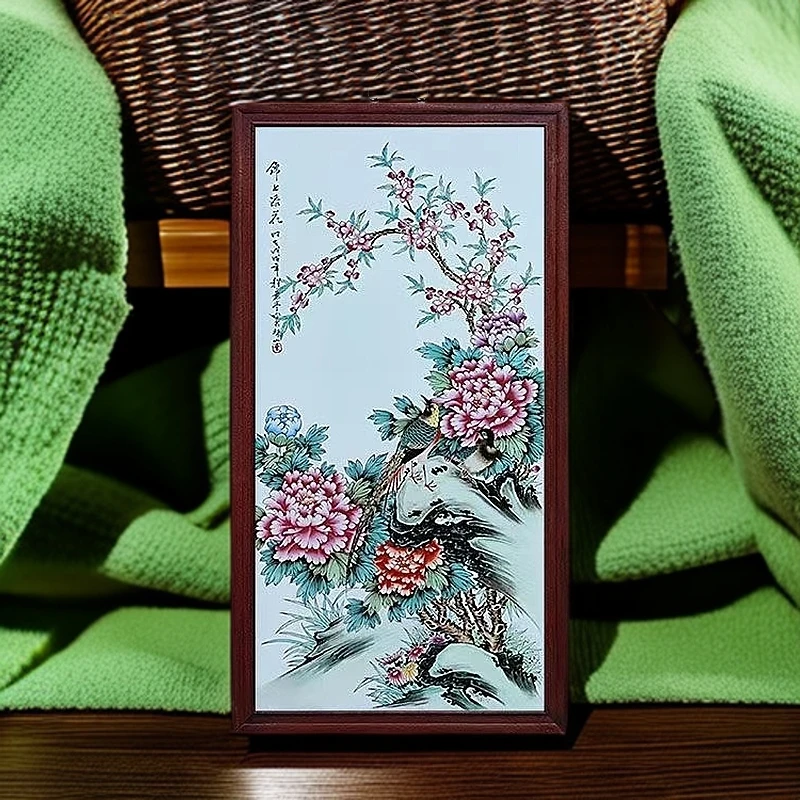景德镇瓷板画柴窑烧制玄关锦上添花实木边框百鸟朝凤图