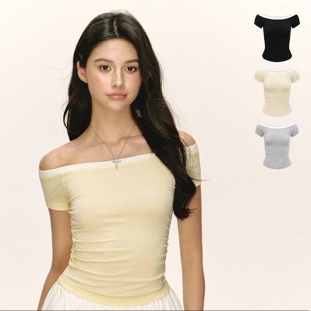 Ariseism 美式复古设计感一字肩短袖t恤女夏季新款修身上衣