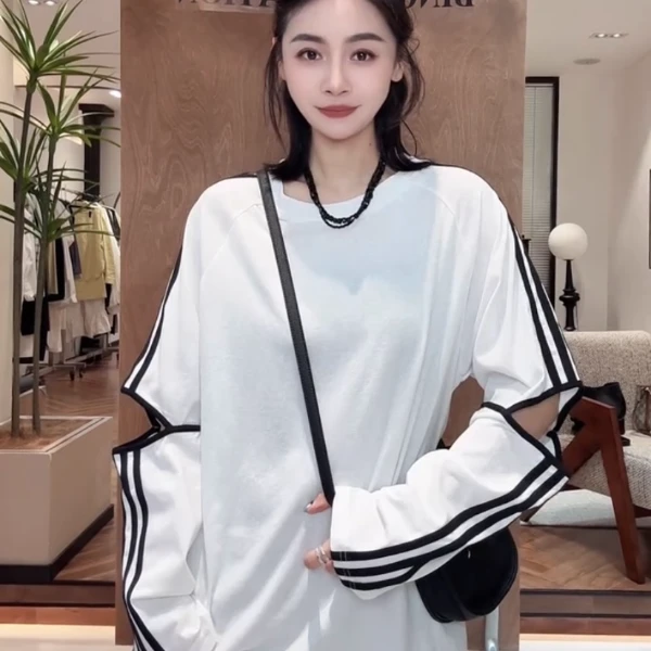 欧货2025夏季新款薄款镂空长袖t袖防嗮衫时尚设计撞色上衣女