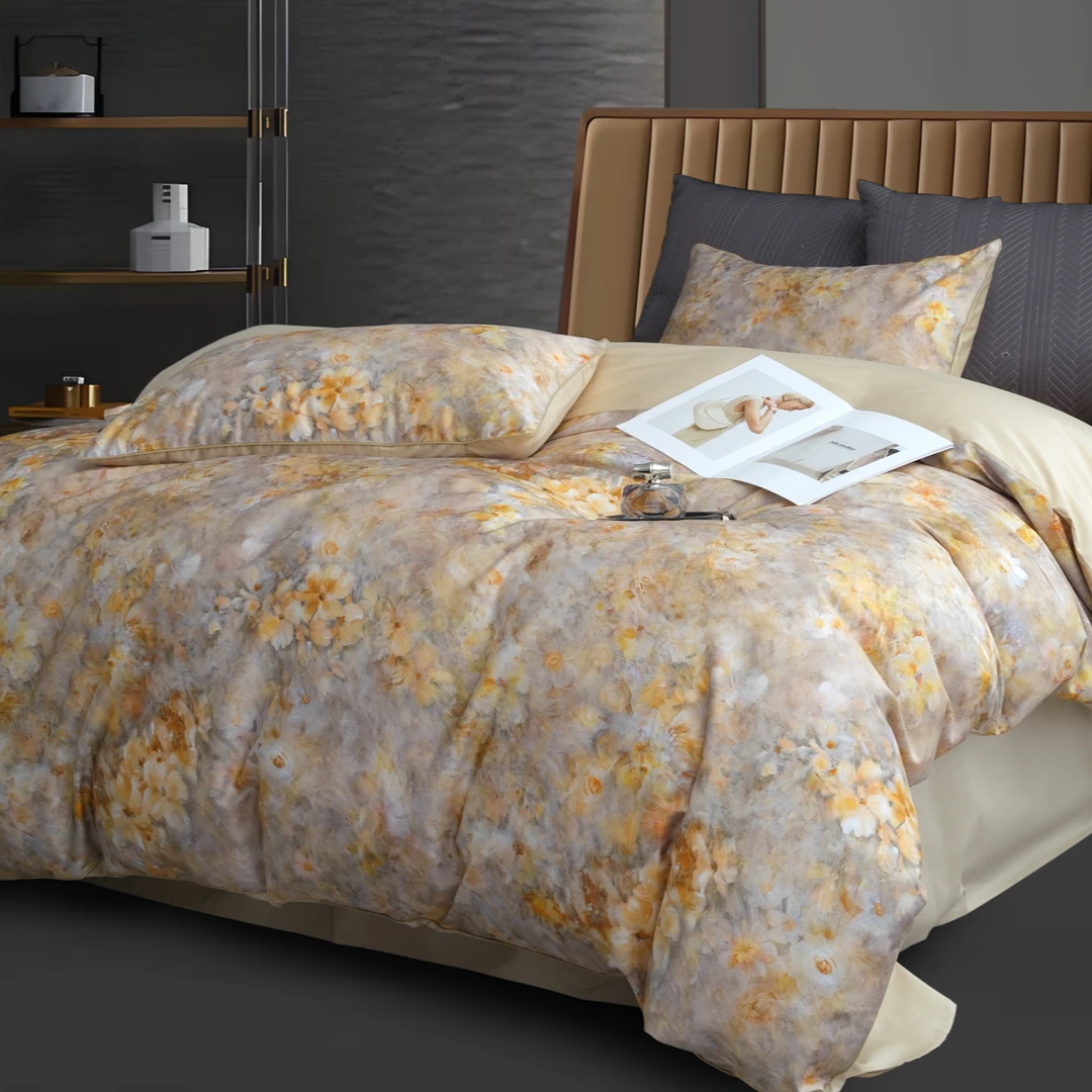 C7798 纯棉滚绳活性数码印花100s标准四件套 蔓帝-黄200*230轻奢