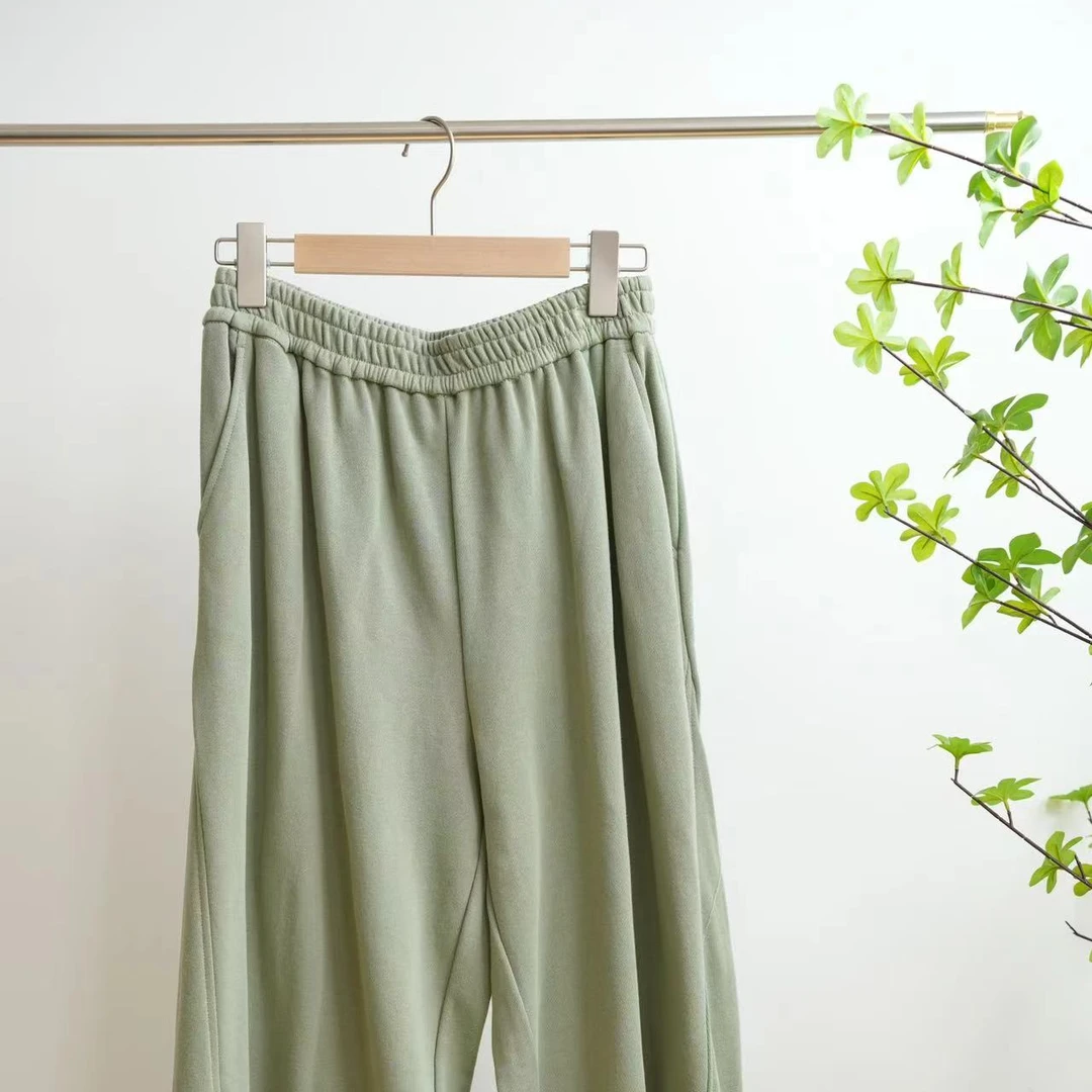 8098-浅绿色纯色宽松休闲女士阔腿裤