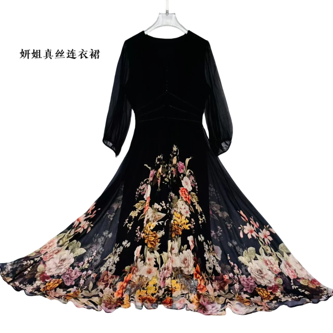 2025年桑蚕丝春夏新品气场全开v领收腰大摆时尚女装黑花色 25065