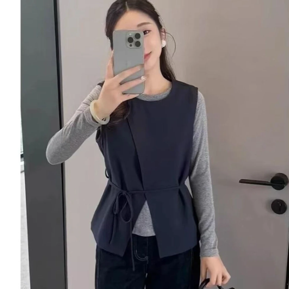 设计感收腰显瘦不规则女百搭马甲 长袖T恤两件套女(B4-7)2428