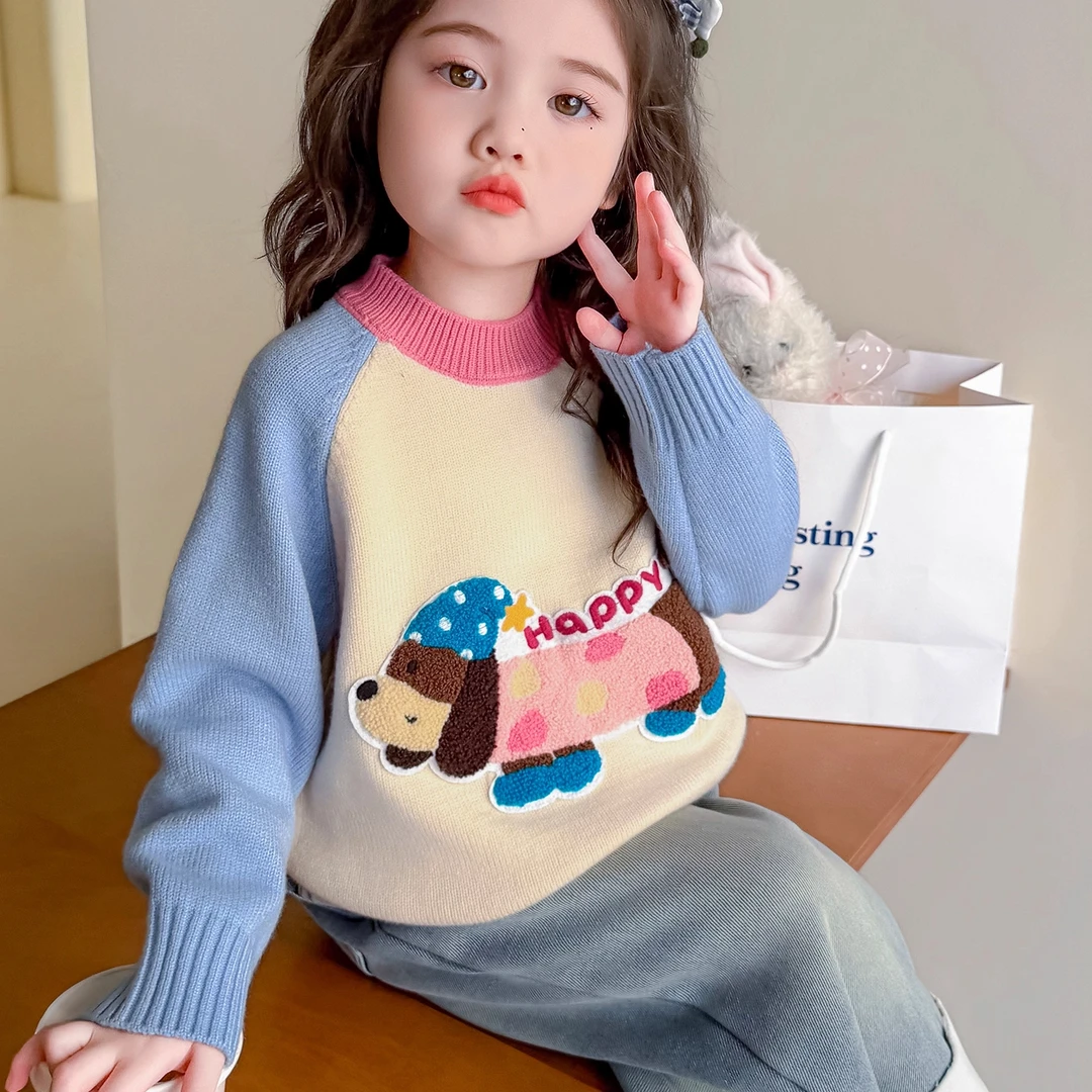 女童毛衣秋冬2025新款多巴胺儿童卡通洋气针织衫撞色宝宝加厚上衣