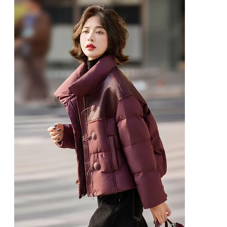 PU皮拼接短款羽绒服女2025冬季新款小个子高端洋气保暖白鸭绒外套