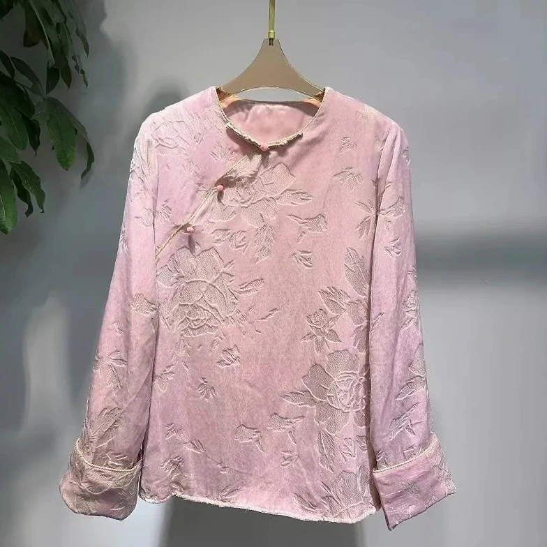 国风新中式桑蚕丝真丝烧花丝绒斜襟圆领粉色少女上衣衬衫时尚复古