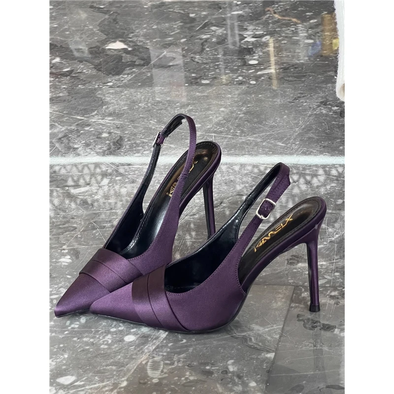 紫色名媛一字凉鞋2025夏季新款高跟鞋女细跟尖头法式气质单鞋9cm
