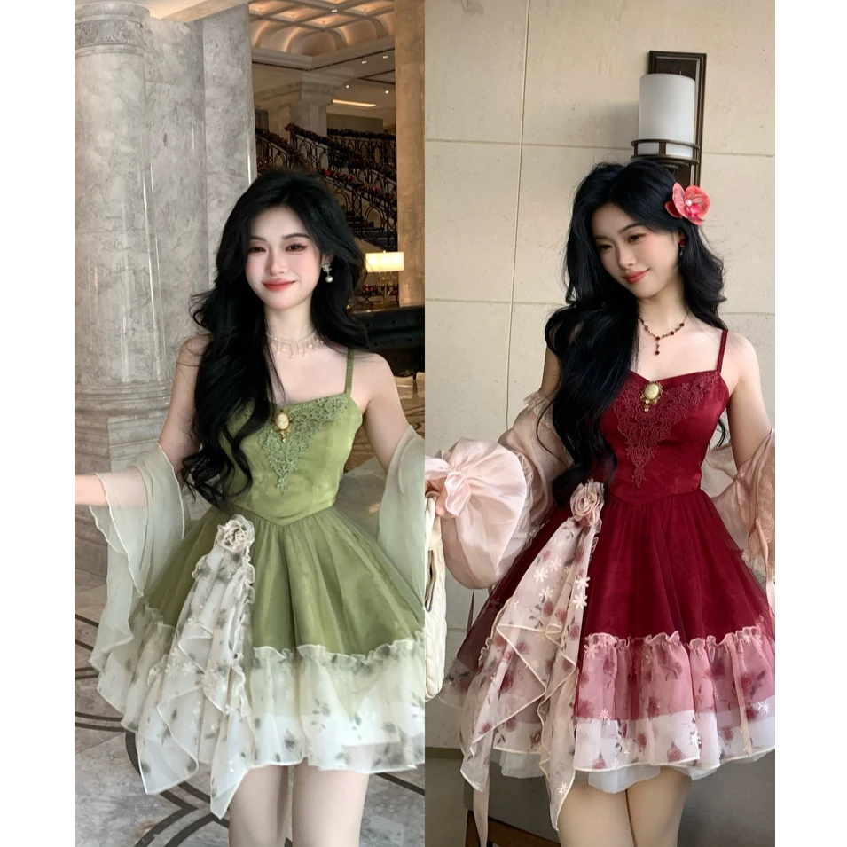 大码女装气质复古提花玫瑰拼接碎花蓬蓬吊带裙春11563