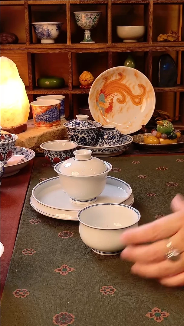 【手工手绘双线白胎盖碗（容量140cc）+壶承+炉式杯】