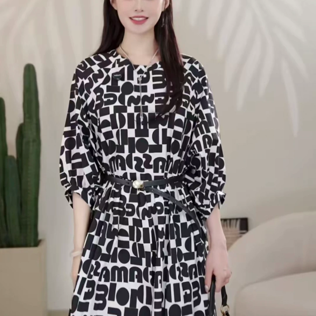 AMASS阿玛施春夏新款条纹法式复古宽松圆领泡泡袖连衣裙  550019