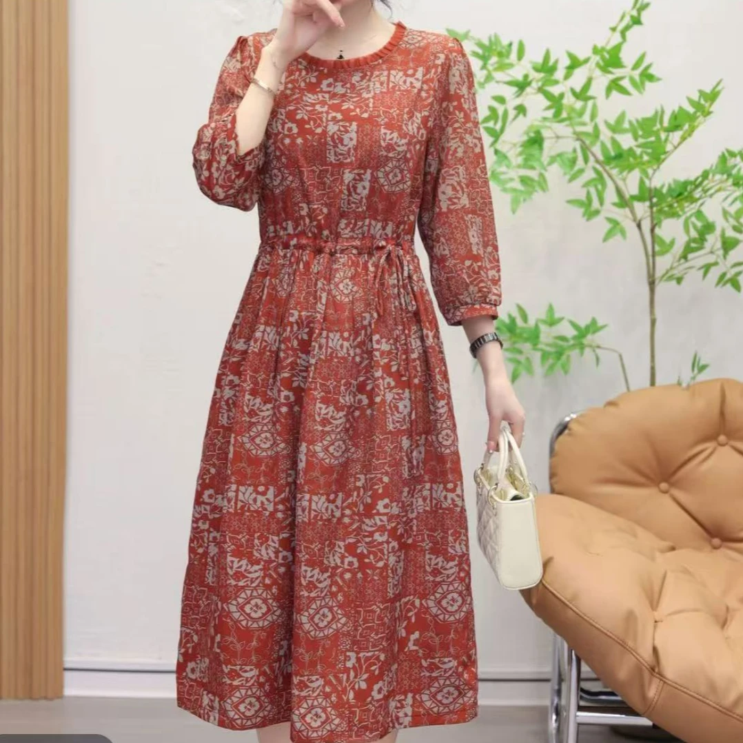 夏季妈妈装连衣裙领休闲中长款裙子腰带  518