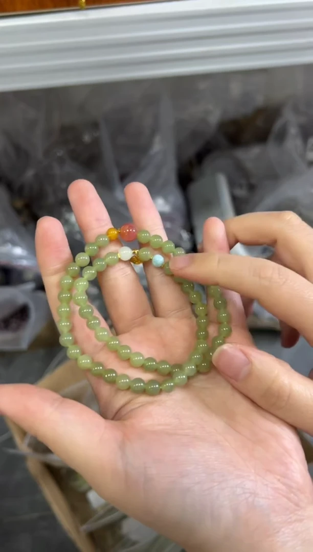 手链银S925镶嵌和田玉和田玉海纹银配件款双圈[1153]