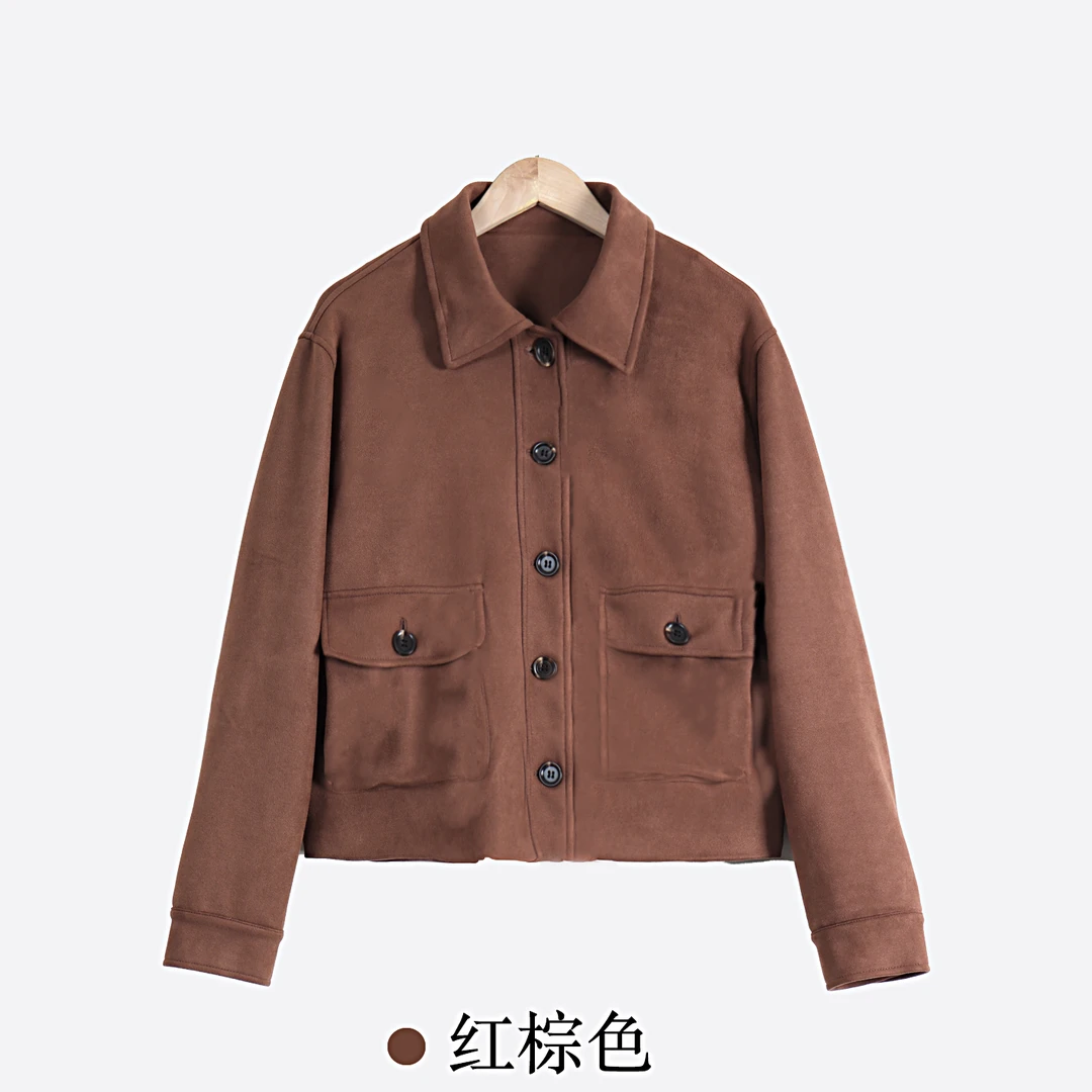 [复古麂皮感夹克]2024短绒秋新款短款箱型翻领外套上衣女-P10030