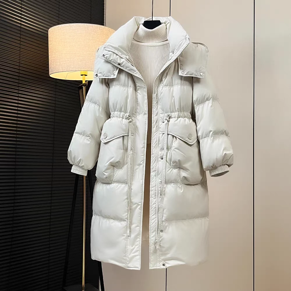 2025冬装新款加厚羽绒服女长款过膝连帽收腰手套款羽绒服外套