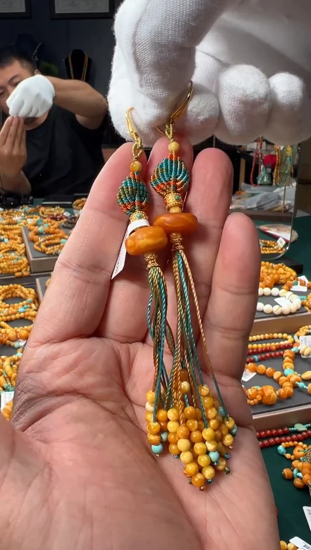 银S925镶嵌琥珀裸石耳钩-S17