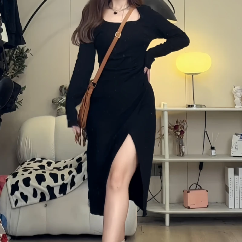 秋季气质褶皱短袖不规则开叉连衣裙法式极简风设计感方领复古短裙