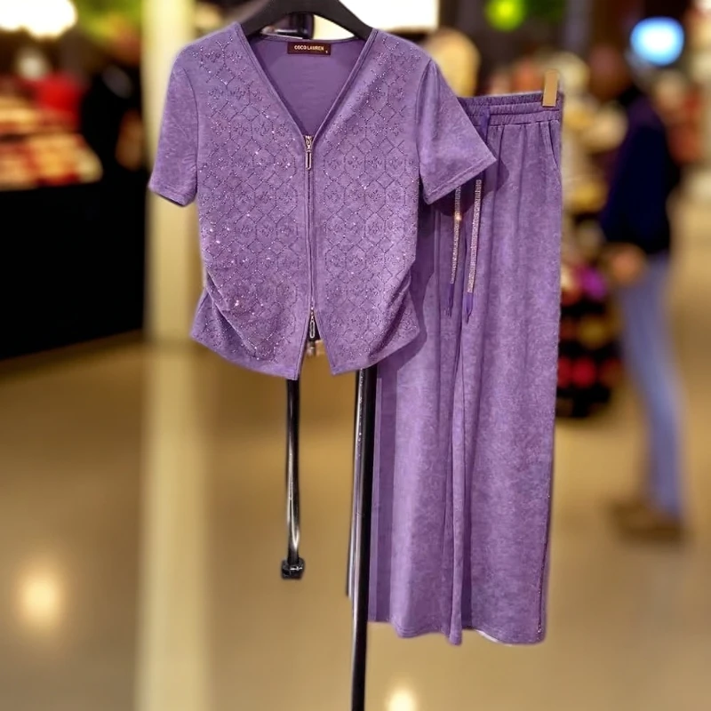 2025夏新款烫钻短袖+阔腿裤套装女显瘦遮肉两件套潮透气