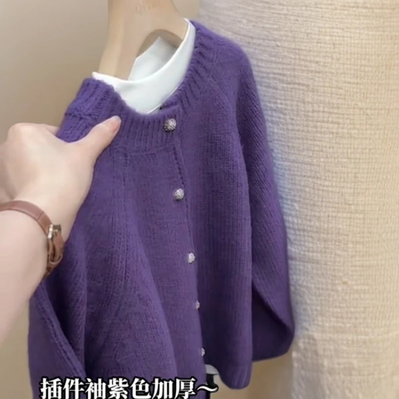 高级感简约紫色针织开衫女2025秋冬慵懒风复古圆领宽松软糯毛衣