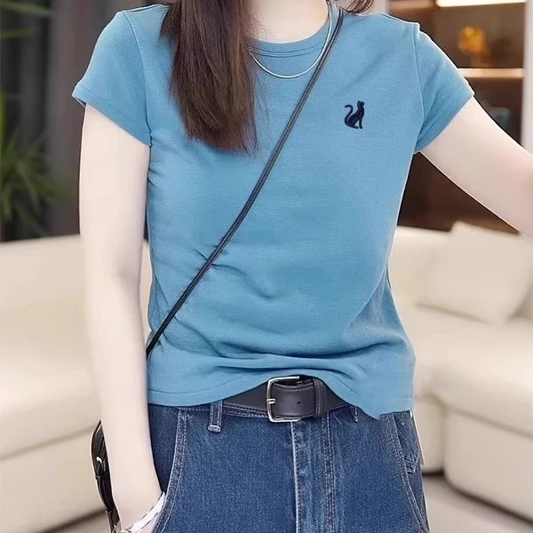 海蓝色圆领短袖t恤女2025新款夏季穿搭时尚洋气百搭辣妹正肩上衣