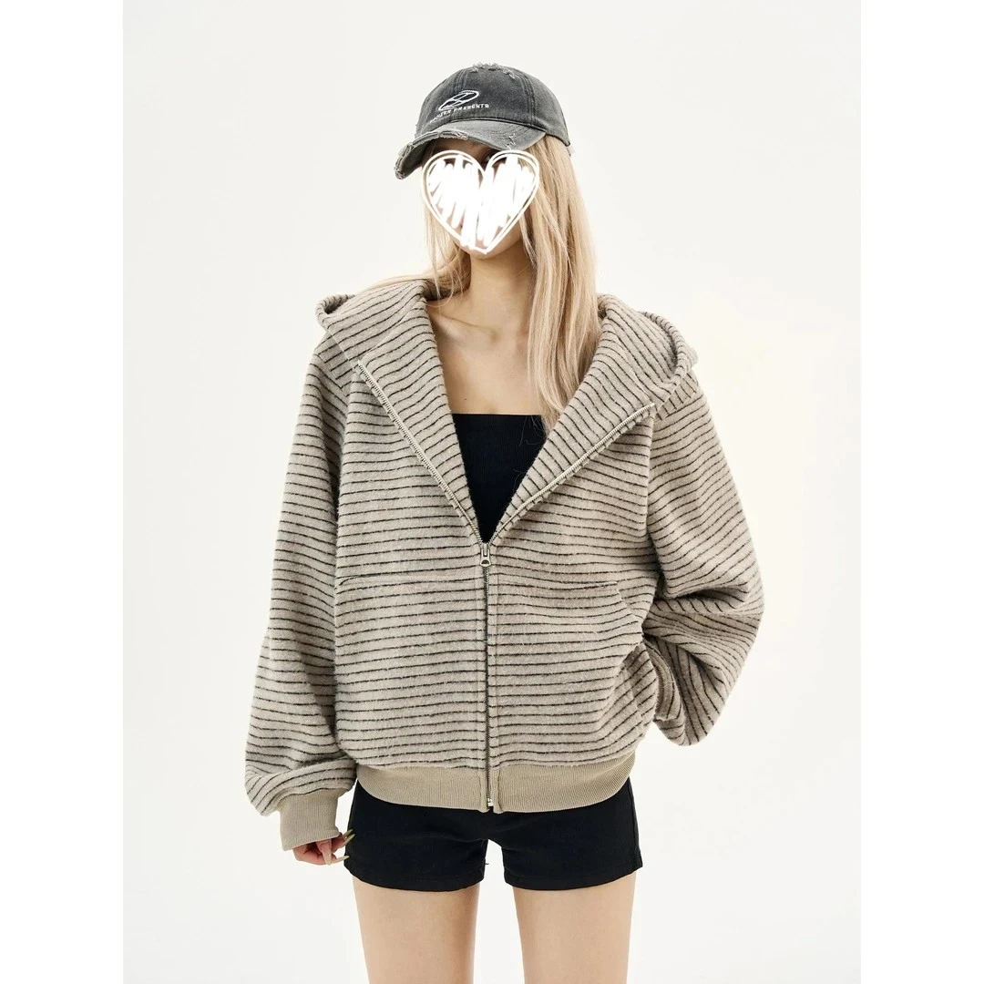 连帽条纹开衫美式休闲卫衣女秋冬季新款加厚百搭时尚宽松显瘦上衣