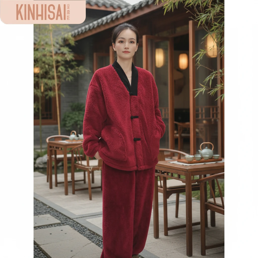 【特厚】睡衣家居服秋冬款加绒加厚保暖新中式气质款俩件套装可外穿