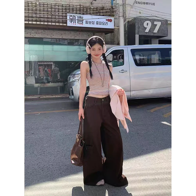 圆领无袖条纹性感内搭翻领排扣显瘦纯色衬衫直筒复古设计感工装裤