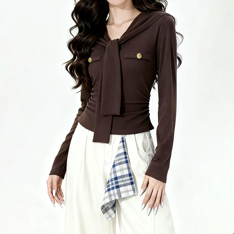 2025秋季新款减龄V领绑带设计长袖T恤女时尚修身显瘦百搭上衣292