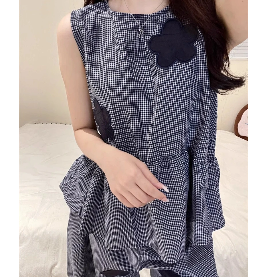国风复古花朵格子背心长裤睡衣女夏季新款长裤外穿家居服短裤套装