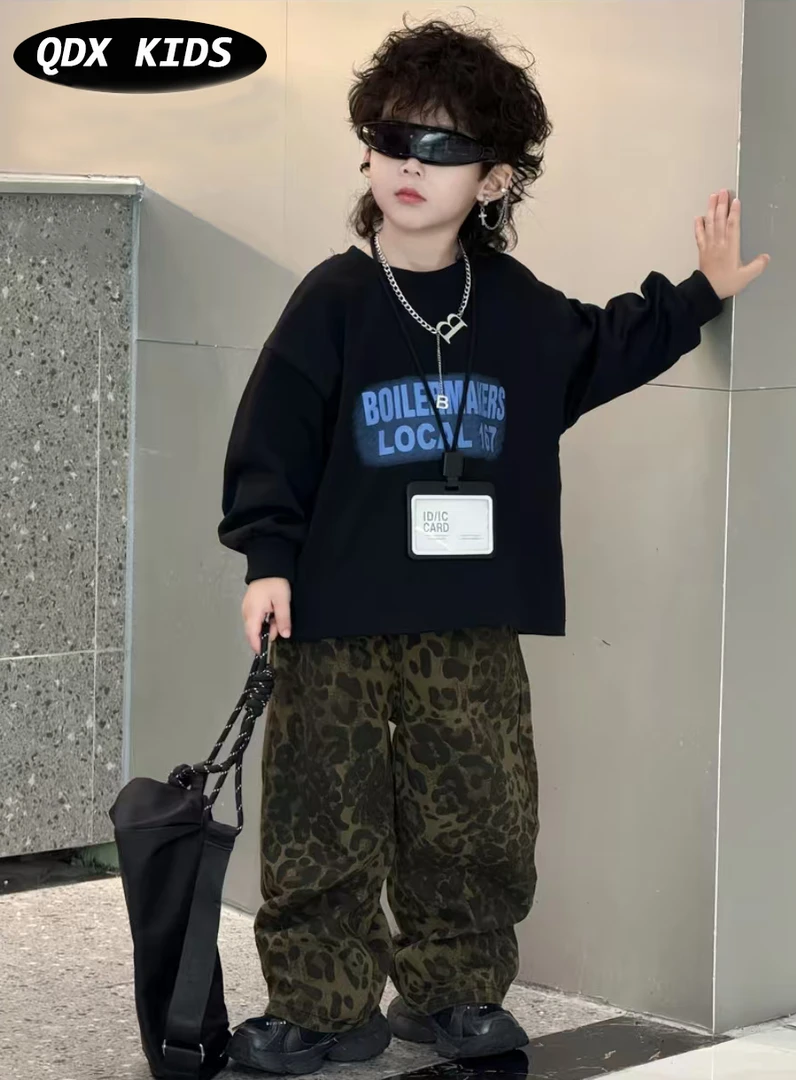 男女宝秋季新款亲子豹纹套装卫衣直筒裤两件套装韩版百搭时尚洋气