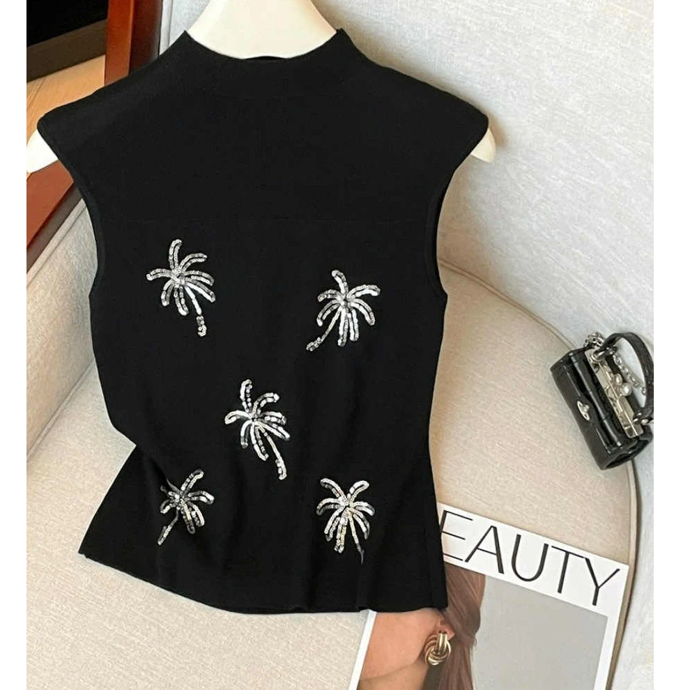 时尚洋气夏季工艺款亮片无袖显瘦毛衣针织衫新款半高领上衣打底衫