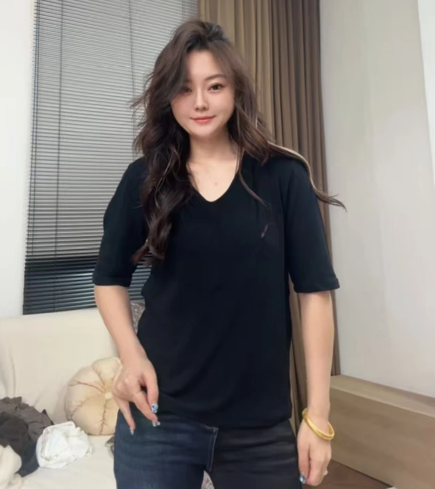 museguhui/木色古汇9699#薄款宽松型V领早秋中袖休闲时尚百搭上衣