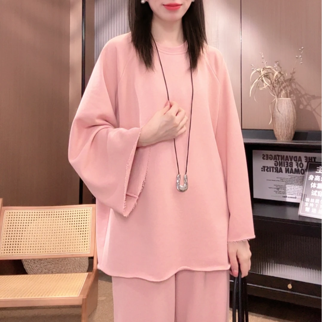 相菲一韩版宽松慵懒风卷边卫衣女秋季新款圆领休闲破边时尚卫衣