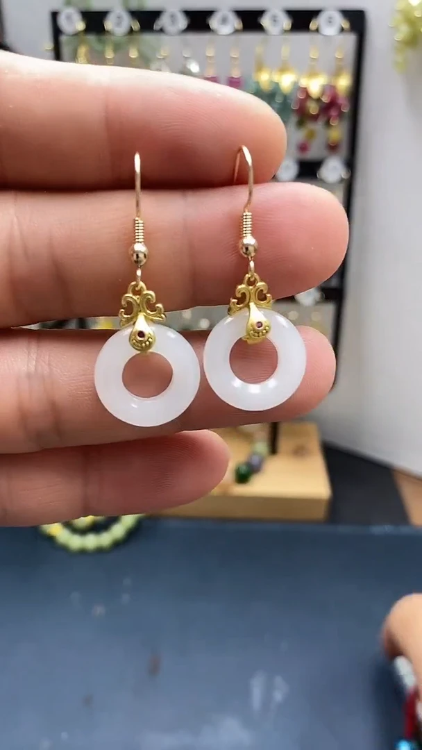 和田玉银S925镀金镶嵌耳饰甜甜圈