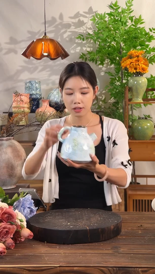 【海盐青波-茶壶口花瓶】简约现代花瓶摆件客厅插花轻奢高级感陶罐