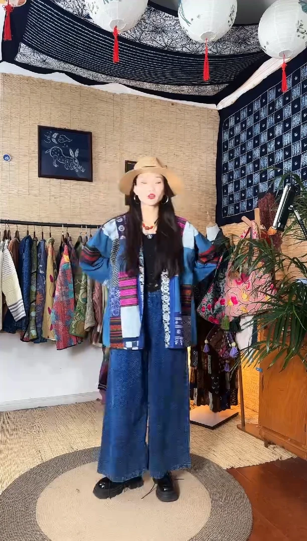 【闪购商品】设计师款蓝织锦拼接开衫外套