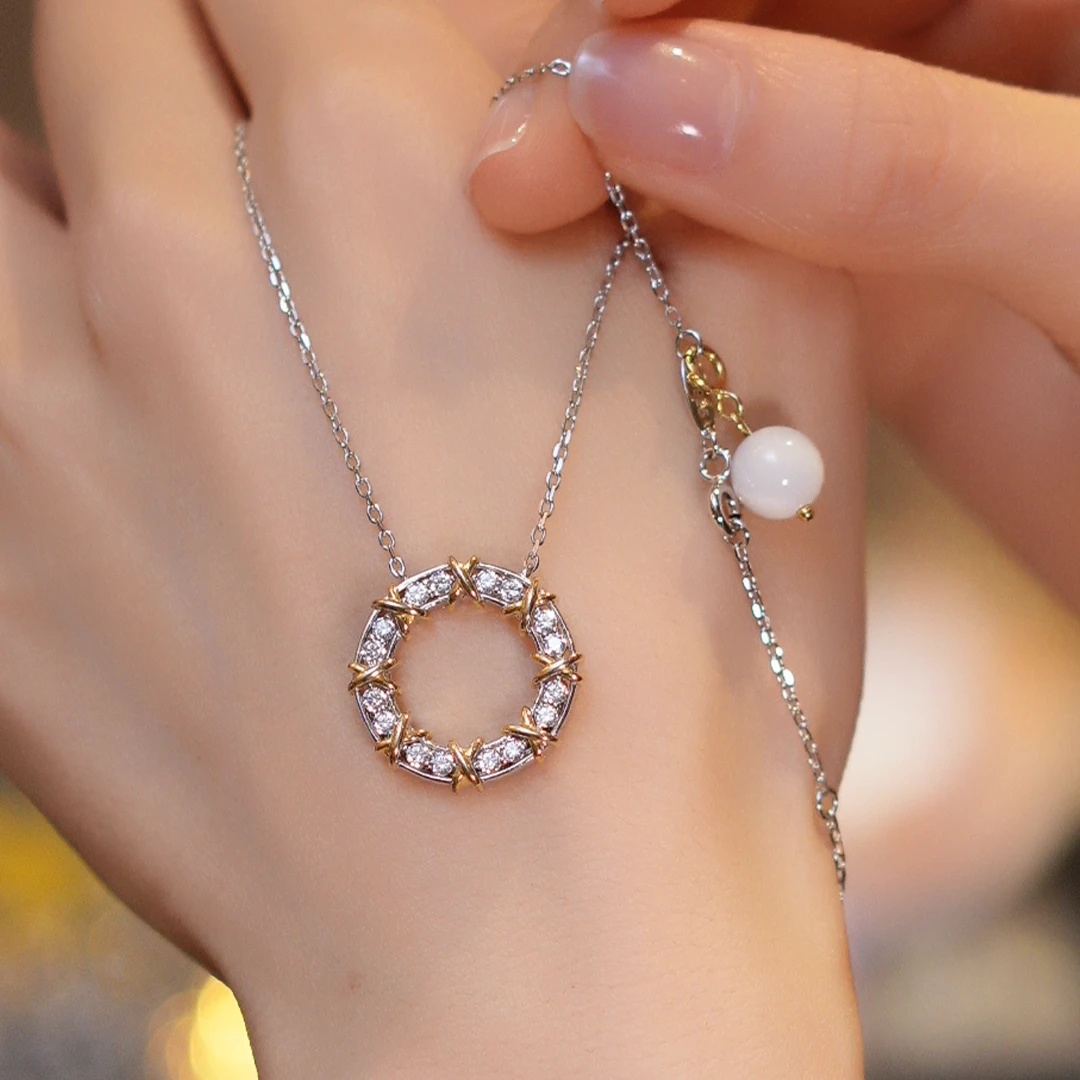 S925银贝母交叉圆饼项链HTAL010