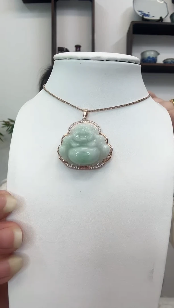 吊坠(赠链)银S925镶嵌翡翠佛公玫瑰边