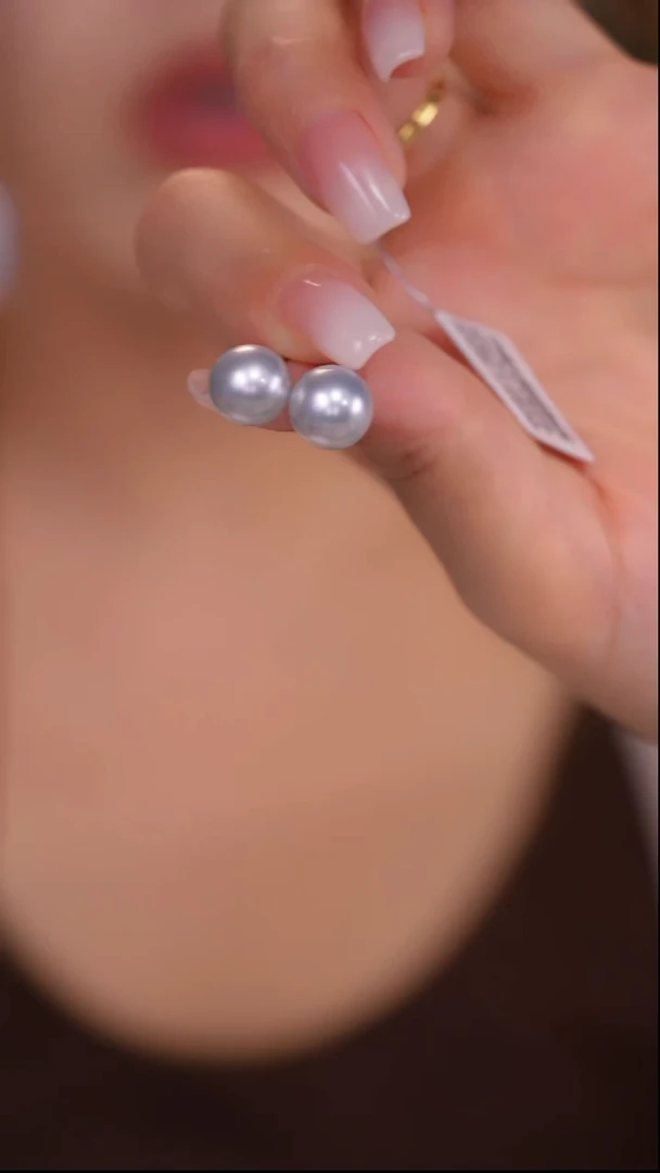 18K金镶嵌耳钉海水珍珠蓝血澳白9-10mm
