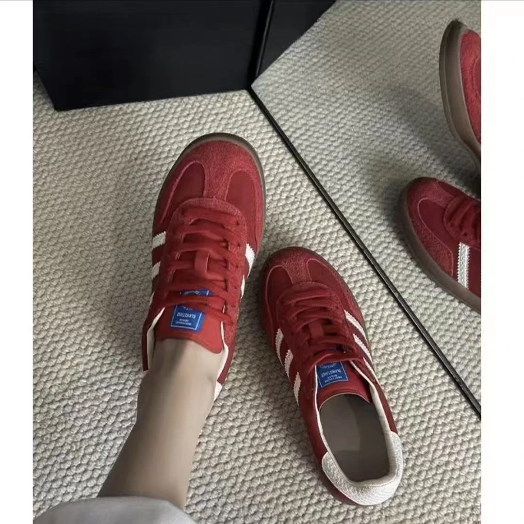 真皮复古红色增高德训鞋女2025春季新款低帮百搭平底运动休闲板鞋