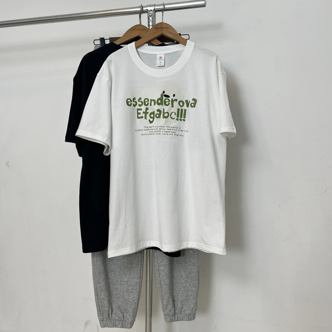 智英轩服饰 女装T恤宽松型烫印短袖长款圆领落肩袖字母吸汗卡通风