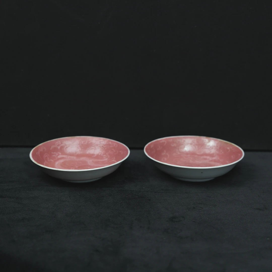 乙1581 1582民国胭脂红轧道龙纹笔添一对 全品 瓷器真品