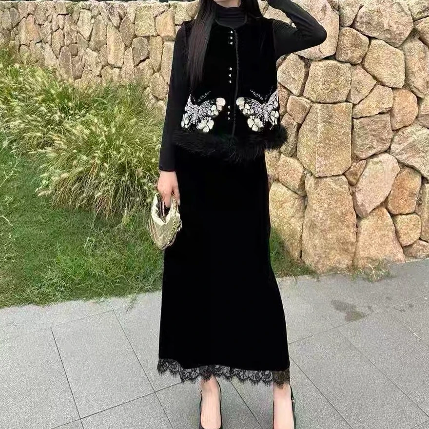 【晨浠定制】新款新中式刺绣马甲丝绒半裙三件套装8613