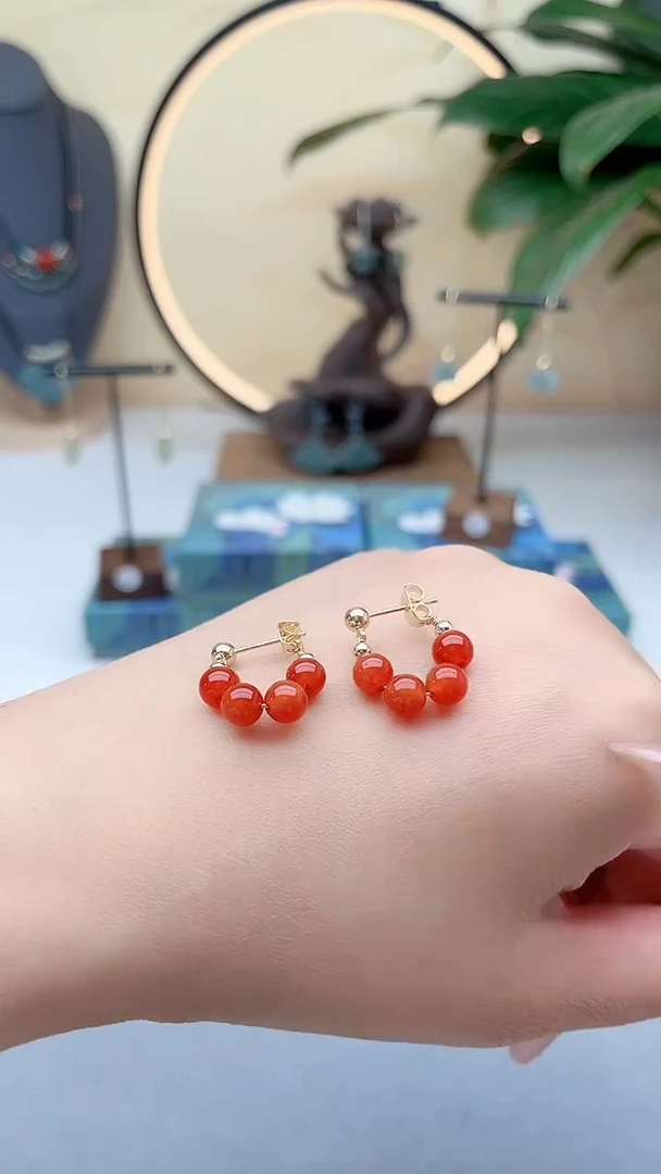 银S925镶嵌耳饰玛瑙/玉髓00红色耳包