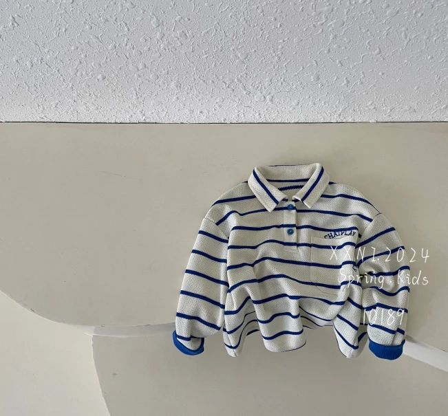 小熊妮 男童细蓝条纹春秋款上衣小男孩休闲打底衫潮10189蓝白条