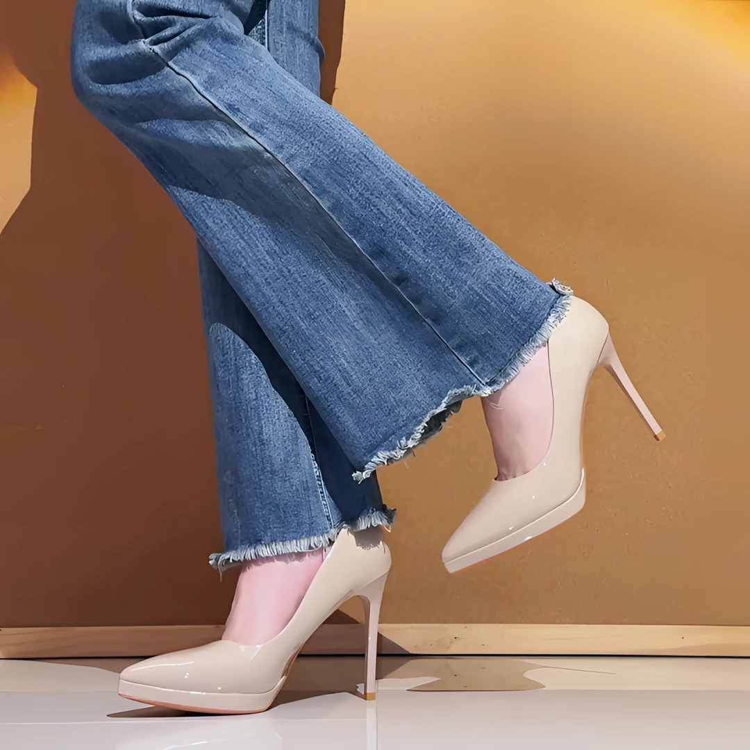 裸色浅口高跟鞋女细跟防水台不累脚漆皮仙女风单鞋百搭气质职业鞋