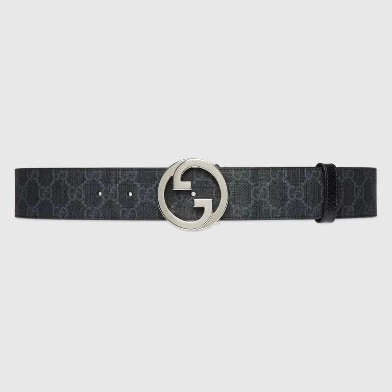 99新 GUCCI/古驰 银标小双G印花黑色腰带 4CM宽 经典百搭时尚休闲