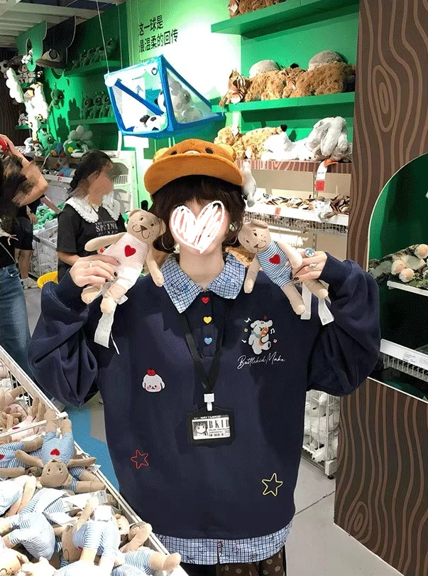 学院风复古小狗刺绣POLO领长袖卫衣女秋季宽松休闲假两件挂牌上衣