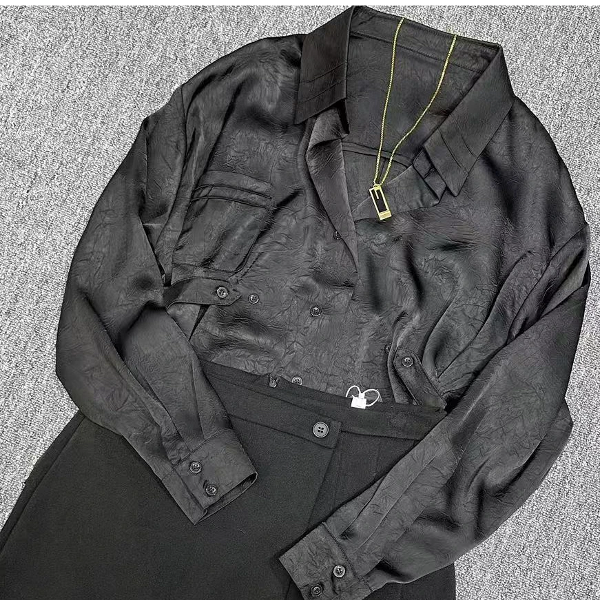 黑屿白/638 翻领宽松型短款长袖衬衫韩版修身春季收腰休闲黑色